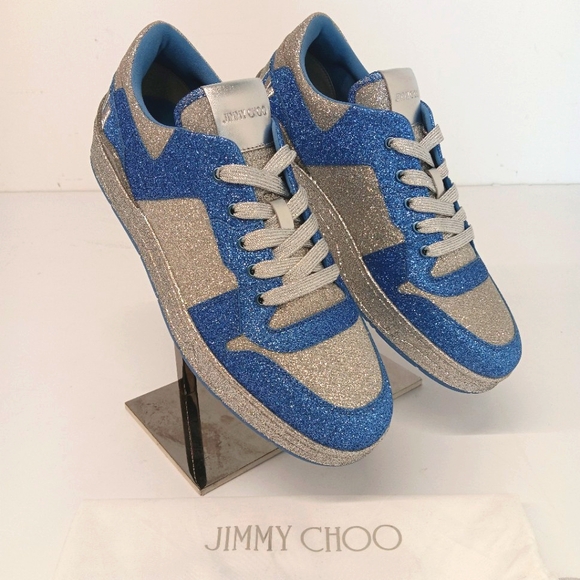 Jimmy Choo Men's Blue & Silver Florent Logo Patch Low-Top Sneakers - EU44/US11 - Picture 1 of 15
